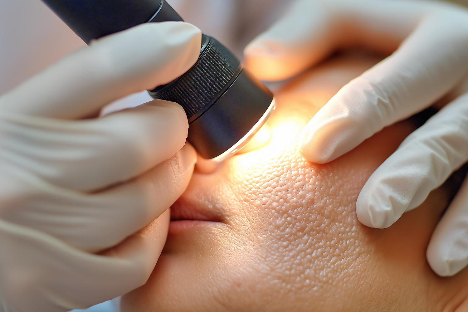 Gloved clinician uses a dermatoscope to inspect a patient's cheek with a bright light on the skin.