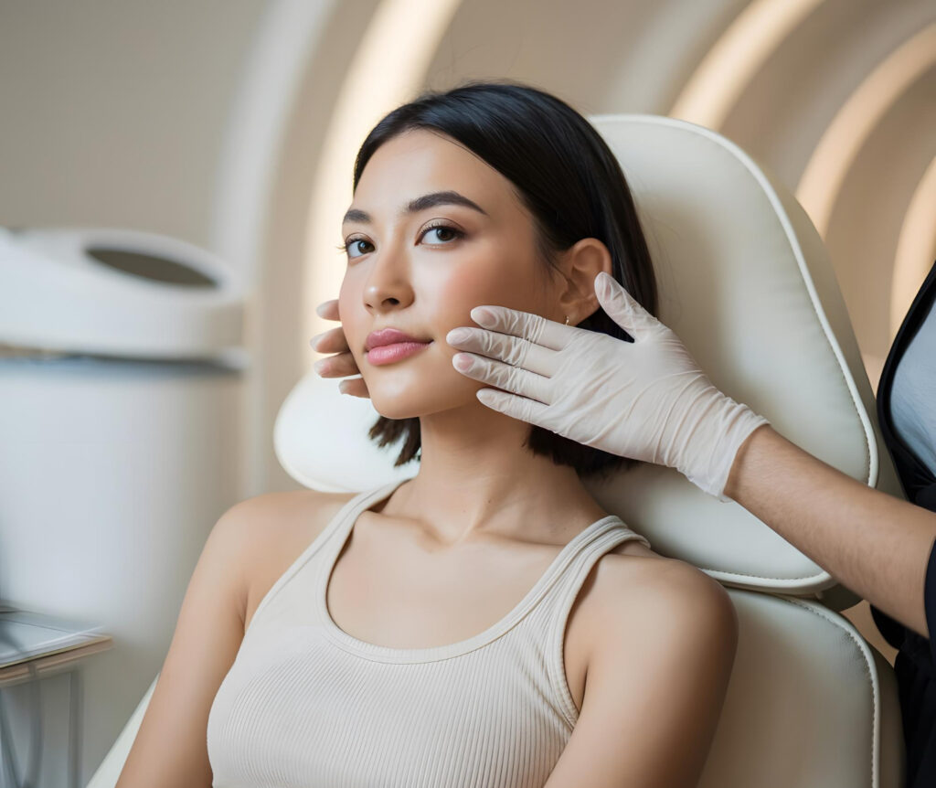 Woman sitting in a medical chair as a clinician wearing gloves presses her cheeks, undergoing a cosmetic treatment in a clinic.